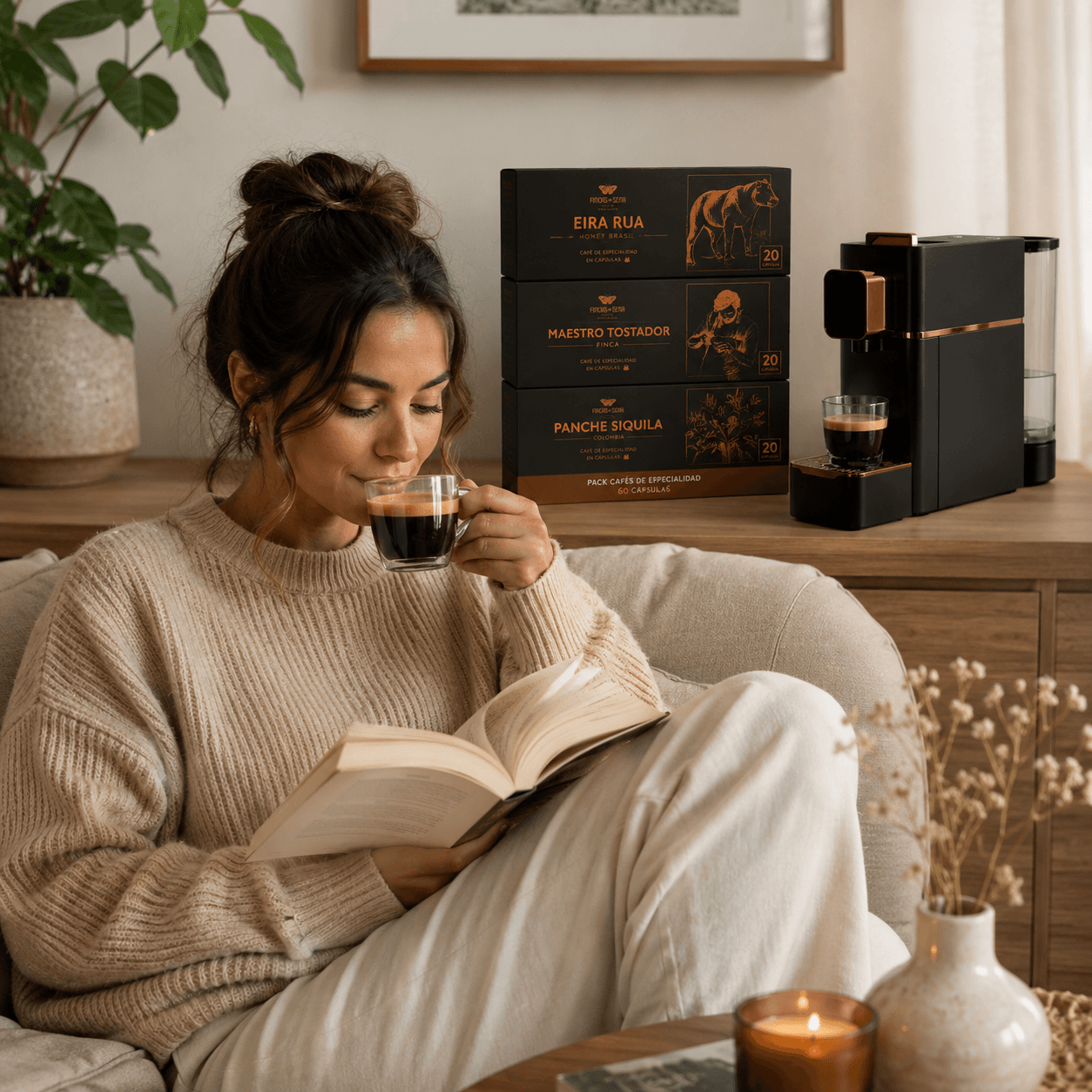 Mujer disfrutando su café de especialidad Fincas de Sena