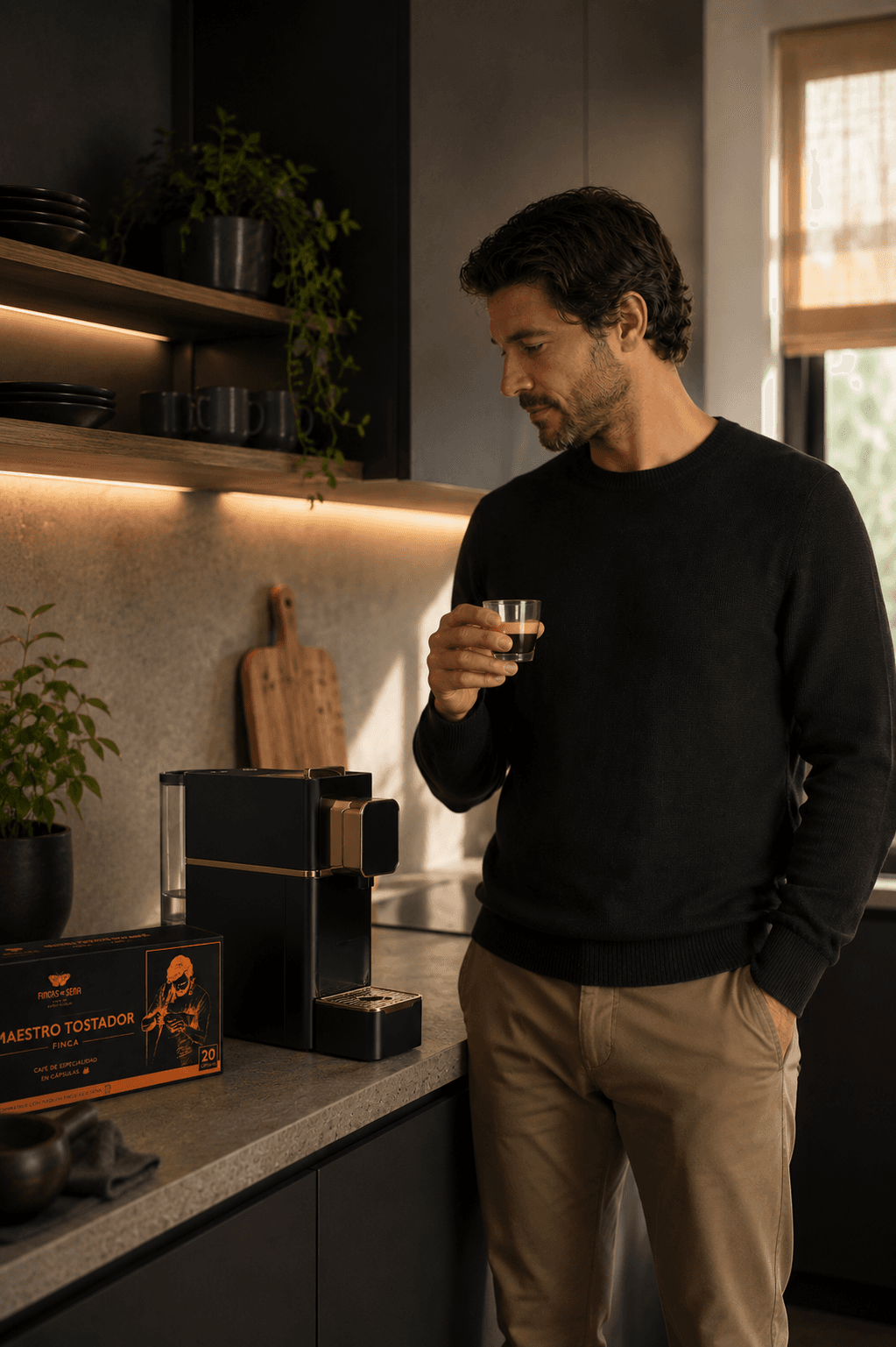 Hombre disfrutando café de especialidad en casa con la máquina Sena Spark
