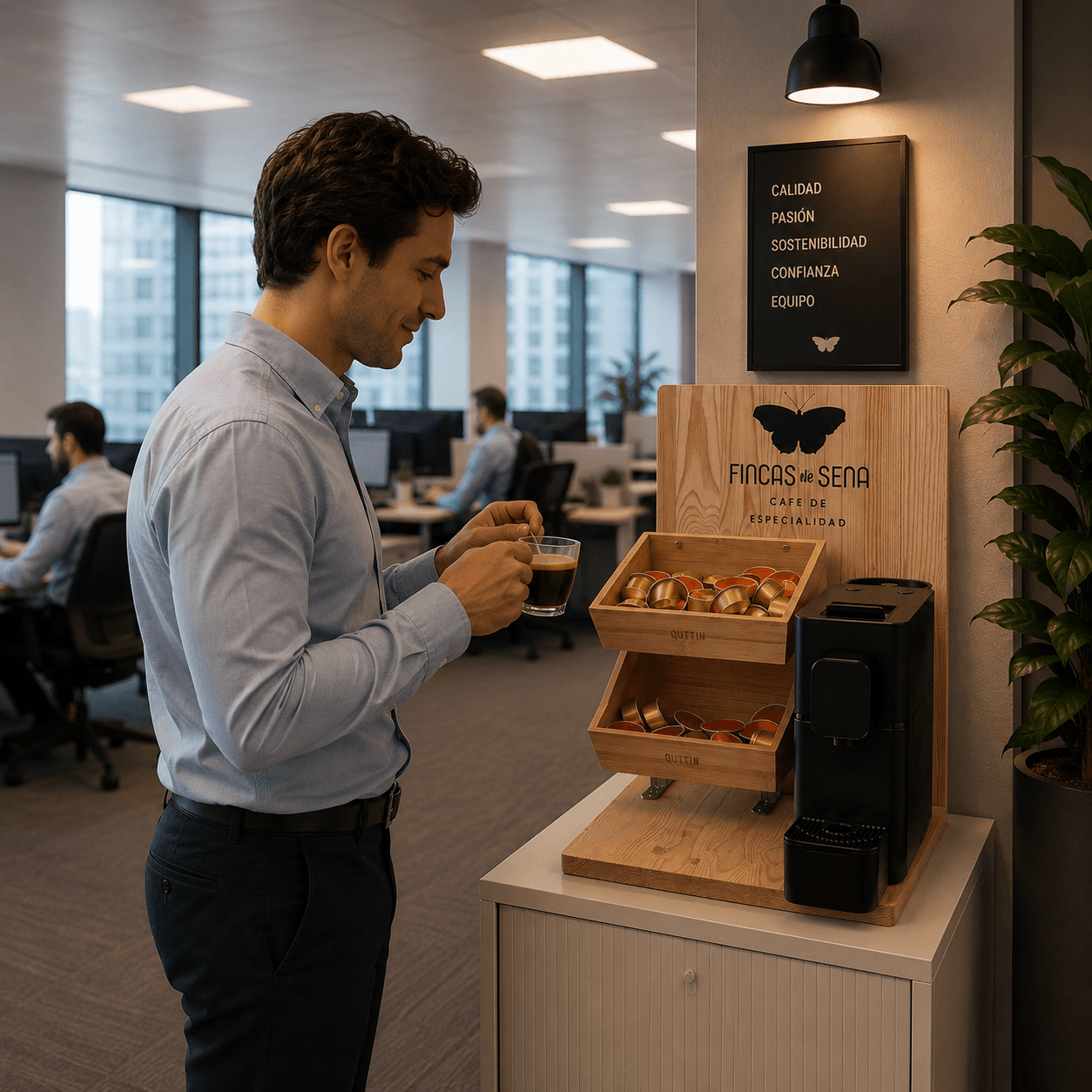 Estación de café de especialidad Fincas de Sena en una oficina