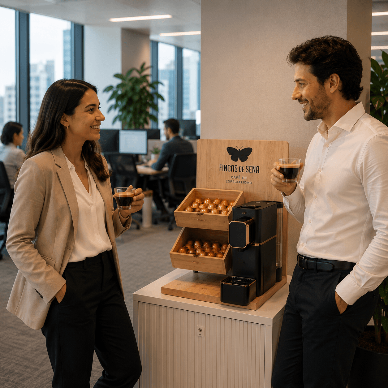 Compañeros de oficina tomando café Fincas de Sena