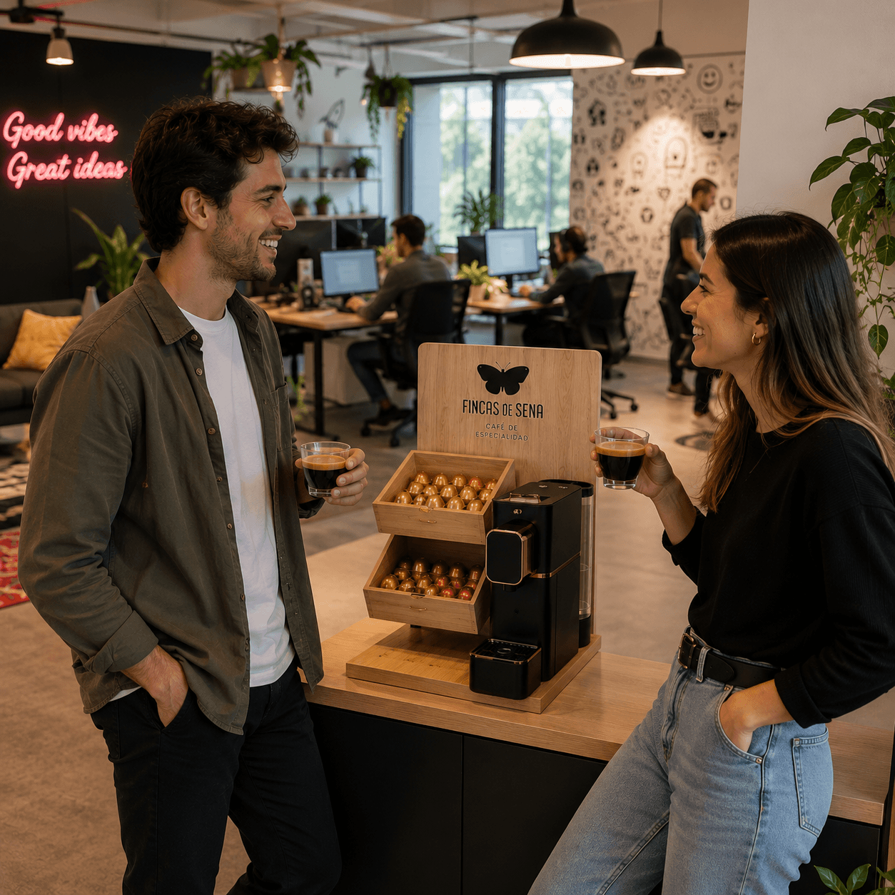 Equipo de oficina disfrutando de café de especialidad