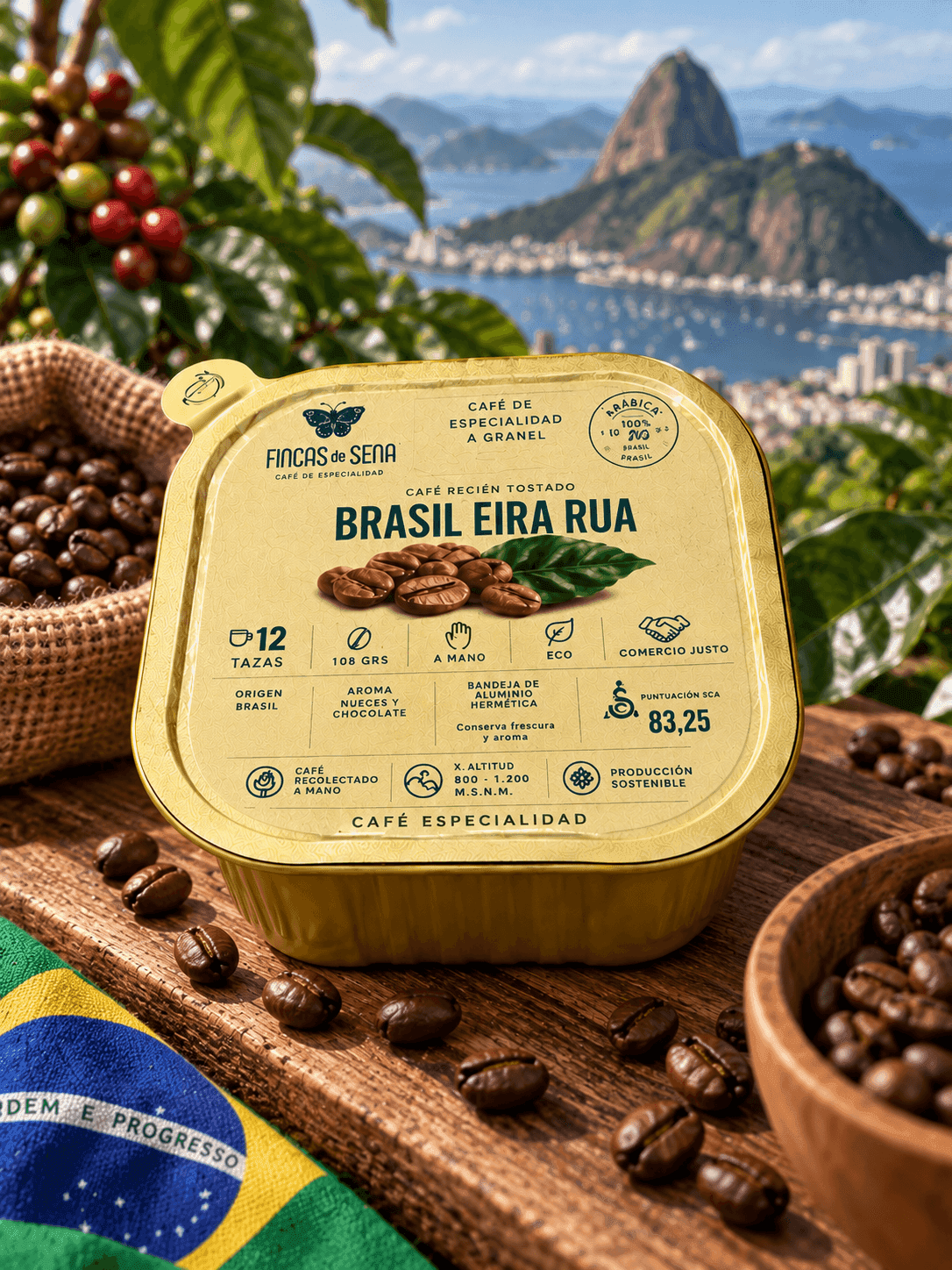 Bandeja de café de especialidad en grano Brasil Eira Rúa con la bahía de Río de Janeiro de fondo