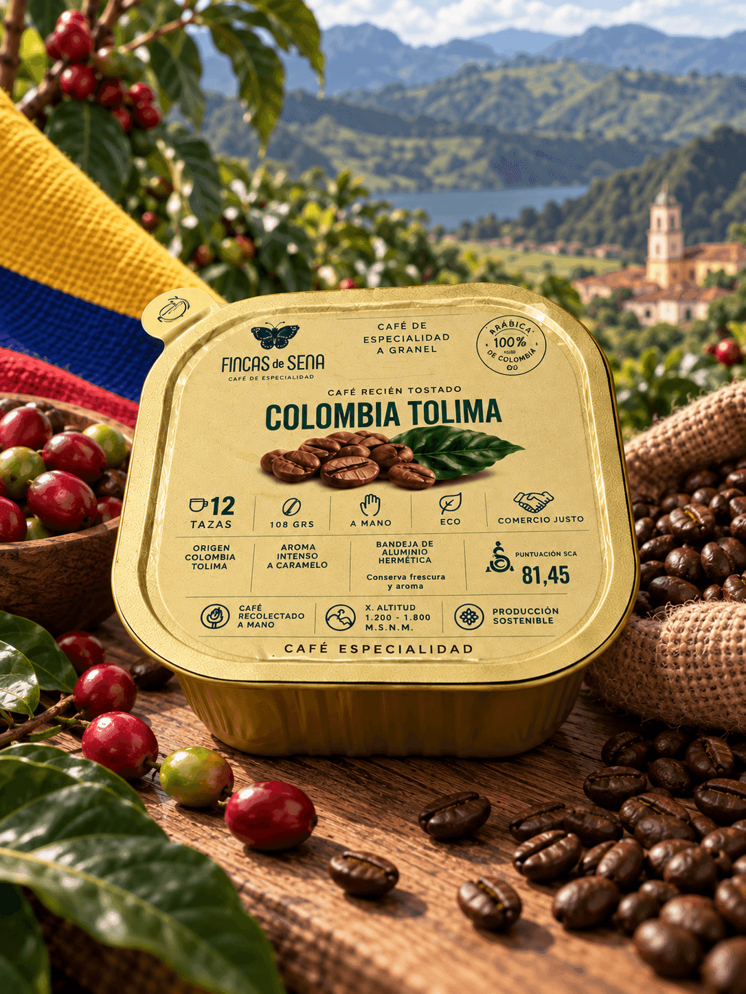 Bandeja de café de especialidad en grano Colombia Tolima con cafetales y paisaje colombiano de fondo