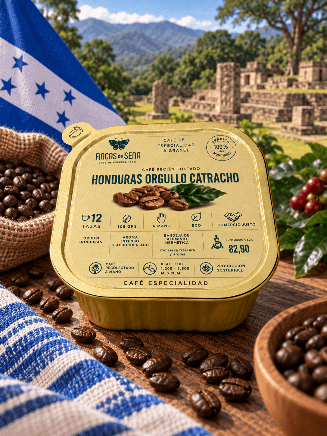 Bandeja de café de especialidad en grano Honduras Orgullo Catracho con ruinas mayas y montañas hondureñas de fondo