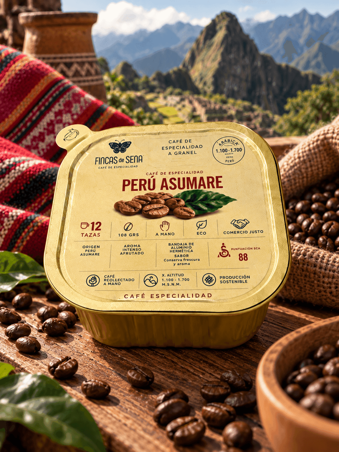 Bandeja de café de especialidad en grano Perú Asumare con paisaje andino y Machu Picchu de fondo